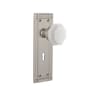 Nostalgic Warehouse Mission Solid Brass Rose Privacy Door Knob Set with White Milk Glass Waldorf Knob and Decorative Keyhole for 2-3/8" Backset Satin Nickel