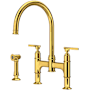 Perrin and Rowe Southbank 1.5 GPM Widespread Bridge Kitchen Faucet - Includes Side Spray Unlacquered Brass (Living Finish)