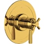 Perrin and Rowe Holborn Two Independent and One Shared Function Thermostatic Valve Trim Only with Single Cross / Lever Handle, Integrated Diverter, and Volume Control - Less Rough In Unlacquered Brass