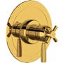 Perrin and Rowe Holborn Two Independent Function Thermostatic Valve Trim Only with Single Cross / Lever Handle, Integrated Diverter, and Volume Control - Less Rough In Unlacquered Brass (Living Finish)