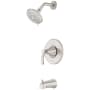Pfister Woodbury Tub and Shower Trim Package with 1.8 GPM Multi Function Shower Head, Quick Connect Diverter Tub Spout, Secure Pfit, and Pforever Seal Spot Defense Brushed Nickel