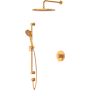 Riobel Nibi Pressure Balanced and Thermostatic Shower System with Shower Head, Hand Shower, Slide Bar, Shower Arm, Hose, and Valve Trim Brushed Gold