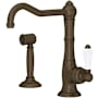 Rohl Acqui 1.5 GPM Deck Mounted Single Hole Bar Faucet with Single Lever Porcelain Handle - Includes Side Spray Tuscan Brass (Living Finish)