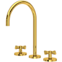 Rohl Amahle 1.2 GPM Widespread Bathroom Faucet with Cross Handles and Pop-Up Drain Assembly Unlacquered Brass (Living Finish)