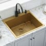 Ruvati Terraza 25" Drop In Single Basin Stainless Steel Kitchen Sink with Basin Rack and Basket Strainer Matte Gold