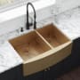 Ruvati Terraza 33" Farmhouse Double Basin Stainless Steel Kitchen Sink with Basin Rack and Basket Strainer Matte Gold