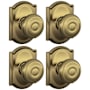 Schlage Georgian Passage Door Knob Set with Decorative Camelot Trim - Pack of 4 Antique Brass