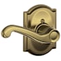 Schlage Flair Left Handed Non-Turning One-Sided Dummy Door Lever Set with Decorative Camelot Trim Antique Brass