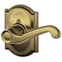 Schlage Flair Right Handed Non-Turning One-Sided Dummy Door Lever Set with Decorative Camelot Trim Antique Brass
