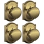 Schlage Plymouth Non-Turning One-Sided Dummy Door Knob with the Decorative Camelot Rose - Pack of 4 Antique Brass