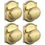Schlage Plymouth Privacy Door Knob Set with Decorative Camelot Trim - Pack of 4 Polished Brass