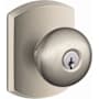 Schlage Plymouth Keyed Entry Single Cylinder Door Knob Set with Decorative Greenwich Trim Satin Nickel