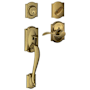 Schlage Camelot Left Handed Sectional Single Cylinder Keyed Entry Handleset with Accent Lever with Decorative Camelot Trim Antique Brass