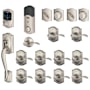 Schlage Camelot Complete House Door Hardware Package with Accent Interior Levers and Connect Touchscreen Keyless Entry Left Handed Exterior Front Door Handleset Satin Nickel