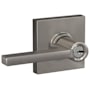 Schlage Latitude Single Cylinder Keyed Entry Storeroom Door Lever Set with Decorative Collins Rosette from the F-Series Satin Nickel