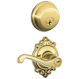 Schlage Flair Single Cylinder Keyed Entry Door Lever Set and Deadbolt Combo with Brookshire Rose Lifetime Polished Brass
