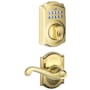 Schlage Camelot Single Cylinder Electronic Keypad Deadbolt with Passage Flair Lever and Decorative Camelot Trim Lifetime Polished Brass