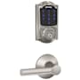 Schlage Connect Camelot Touchscreen Deadbolt with Built-in Alarm and Passage Broadway Lever Satin Nickel