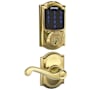 Schlage Connect Camelot Touchscreen Electronic Deadbolt with Z-Wave Plus Technology and Passage Flair Lever and Decorative Camelot Trim Polished Brass