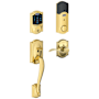 Schlage Connect Camelot Touchscreen Handleset with Right Handed Accent Lever, Decorative Camelot Rose, and Built-in Alarm Polished Brass