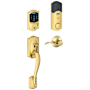 Schlage Connect Camelot Touchscreen Handleset with Accent Lever and Built-in Alarm - Right Handed Polished Brass