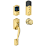 Schlage Connect Camelot Touchscreen Handleset with Georgian Knob and Built-in Alarm Polished Brass