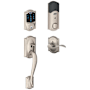 Schlage Connect Camelot Touchscreen Handleset with Left Handed Accent Lever, Decorative Camelot Rose, and Built-in Alarm Satin Nickel