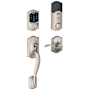 Schlage Connect Camelot Touchscreen Handleset with Right Handed Accent Lever, Decorative Camelot Rose, and Built-in Alarm Satin Nickel