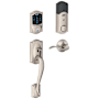 Schlage Connect Camelot Touchscreen Handleset with Accent Lever and Built-in Alarm - Right Handed Satin Nickel