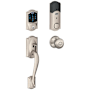 Schlage Connect Camelot Touchscreen Handleset with Georgian Knob and Built-in Alarm Satin Nickel
