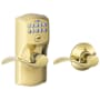 Schlage Camelot Keypad Entry with Auto-Lock Door Lever Set with Accent Interior Lever Lifetime Polished Brass
