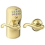 Schlage Plymouth Keypad Entry with Auto-Lock Door Lever Set with Flair Interior Lever Lifetime Polished Brass