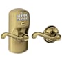 Schlage Plymouth Keypad Entry with Auto-Lock Door Lever Set with Flair Interior Lever Antique Brass