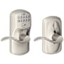 Schlage Keypad Entry Lock Leverset with Flex Lock and Accent Lever from the Plymouth Collection Satin Nickel