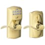 Schlage Camelot Keypad Entry with Flex-Lock Door Lever Set with Accent Interior Lever Lifetime Polished Brass