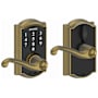Schlage Camelot Touch Entry Leverset with Flair Lever Antique Brass
