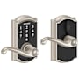 Schlage Camelot Touch Entry Leverset with Flair Lever Satin Nickel