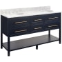 Signature Hardware Robertson 60" Freestanding Mahogany Double Basin Vanity Set with Cabinet, Vanity Top, and Oval Undermount Sinks - 8" Faucet Holes Midnight Navy Blue / Carrara