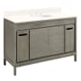 Signature Hardware Becker 48" Free Standing Single Vanity Set with Teak Cabinet, Stone Vanity Top, and Oval Undermount Porcelain Sink - 8" Faucet Holes Gray Wash / Arctic White