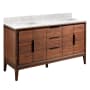 Signature Hardware Aliso 60" Freestanding Teak Double Basin Vanity Set with Cabinet, Vanity Top, and Rectangular Undermount Sinks - No Faucet Holes Java / Carrara Marble