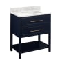 Signature Hardware Robertson 30" Freestanding Mahogany Single Basin Vanity Set with Cabinet, Vanity Top, and Rectangular Undermount Sink - No Faucet Holes Midnight Navy Blue / Carrara Marble