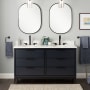 Signature Hardware Hytes 60" Freestanding Mahogany Double Basin Vanity Set with Cabinet, Vanity Top, and Oval Undermount Sink - 8" Faucet Holes Midnight Navy Blue / Carrara Marble