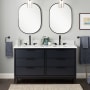Signature Hardware Hytes 60" Freestanding Mahogany Double Basin Vanity Set with Cabinet, Vanity Top, and Oval Undermount Sink - 8" Faucet Holes Midnight Navy Blue / Feathered White