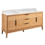 Signature Hardware Aliso 72" Freestanding Teak Double Basin Vanity Set with Cabinet, Vanity Top, and Rectangular Undermount Sinks - No Faucet Holes Natural Teak / Carrara Marble