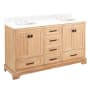 Signature Hardware Quen 60" Freestanding Double Basin Vanity Set with Cabinet, Vanity Top, and Rectangular Undermount Sinks - 8" Faucet Holes Driftwood Brown / Feathered White Quartz