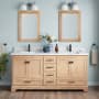 Signature Hardware Quen 72" Freestanding Double Basin Vanity Set with Cabinet, Vanity Top, and Rectangular Undermount Sinks - Single Faucet Holes Driftwood Brown / Carrara Marble