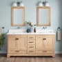 Signature Hardware Quen 72" Freestanding Double Basin Vanity Set with Cabinet, Vanity Top, and Rectangular Undermount Sinks - No Faucet Holes Driftwood Brown / Arctic White Quartz