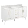 Signature Hardware Novak 60" Freestanding Mahogany Double Basin Vanity Set with Cabinet, Vanity Top, and Oval Undermount Sinks - 8" Faucet Holes Bright White / Carrara Marble
