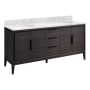 Signature Hardware Aliso 72" Freestanding Teak Double Basin Vanity Set with Cabinet, Vanity Top, and Oval Undermount Sinks - 8" Faucet Holes Charred Timber Black / Carrara Marble