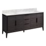 Signature Hardware Aliso 72" Freestanding Teak Double Basin Vanity Set with Cabinet, Vanity Top, and Rectangular Undermount Sinks - No Faucet Holes Charred Timber Black / Carrara Marble